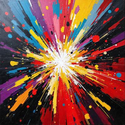 The primary subject of the image is a vibrant and colorful explosion, which is the main focus of the scene. The setting is a black background, which contrasts with the bright colors of the explosion. The visual style of the image is a combination of digital art and illustration, creating a dynamic and eye-catching scene. The dominant colors in the image are red, yellow, and blue, which contribute to the energetic and lively atmosphere.